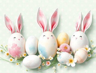 Obraz premium Easter Bunny Egg Hunt: A charming pastel-colored Easter scene featuring three adorable bunny-shaped eggs, surrounded by colorful eggs and delicate white flowers.