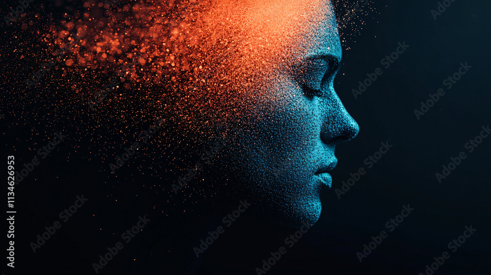 Poster creative representation of woman profile with colorful explosion of particles, symbolizing imaginati