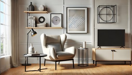 Cozy living room featuring a chair, shelves, and artwork creates a modern interior.