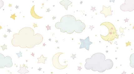 Soft Pastel Pattern of Clouds, Stars, and Moons Perfect for Baby Products, Nursery Decor, and Children's Backgrounds with a Dreamy Aesthetic