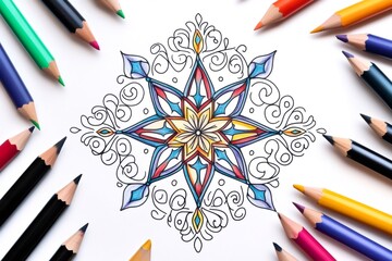 Partially hand colored mandala with colored pencils arranged around it on a white surface, creating a vibrant and artistic scene