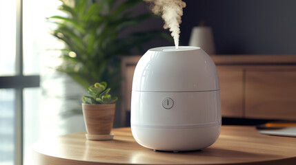 Soft steam rises from a sleek humidifier, enhancing the air quality in a stylish indoor space with warm natural light