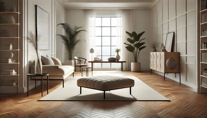 Fototapeta premium A modern living room emphasizes a minimalist design with neutral, natural tones.