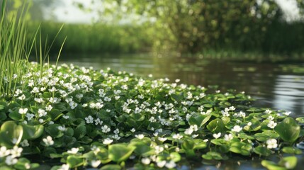 Naklejka premium A peaceful wetland habitat with blooming wild watercress