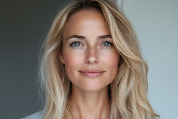 Naklejka premium Portrait of smiling middle aged blond woman with freckles showing natural beauty