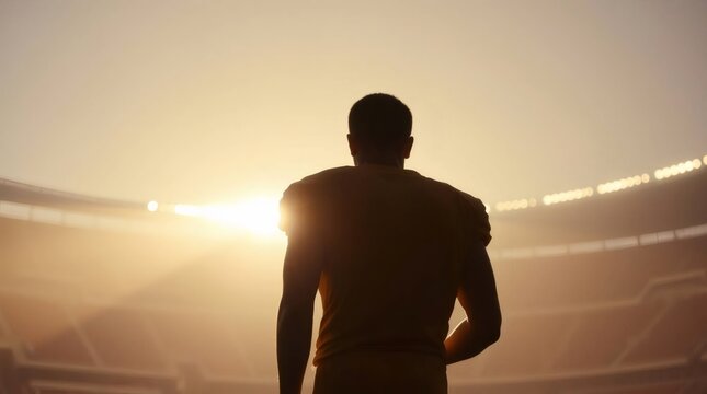Silhouetted Athlete: A lone athlete stands on the field, gazing out at the stadium lights, a powerful silhouette against the setting sun, symbolizing determination and resilience.