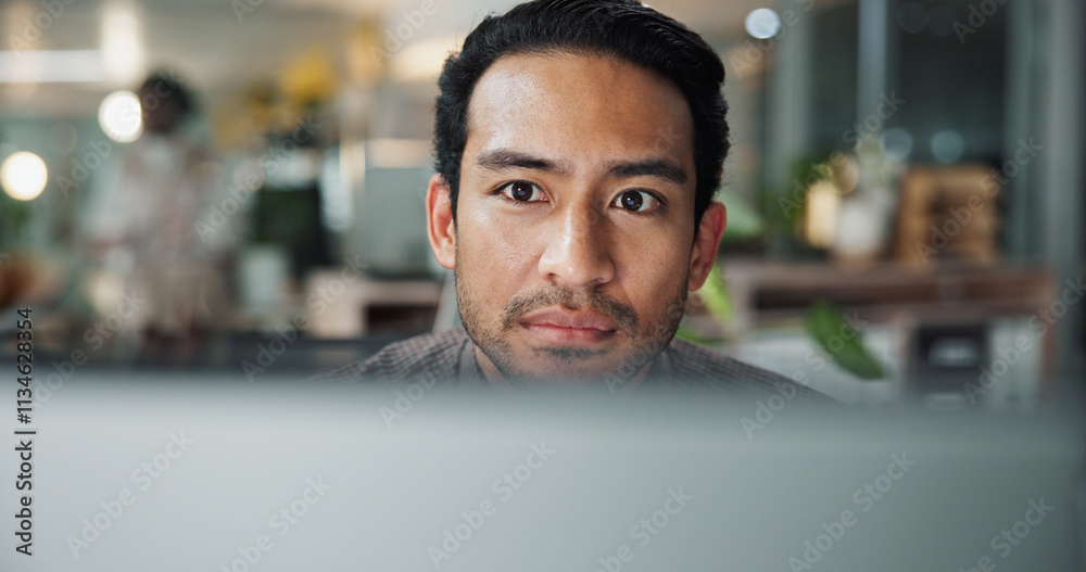 Poster research, computer and reading with business man in office for planning, website and email. company 