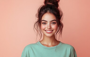 Fototapeta premium Beauty girl smiling and wearing a t-shirt in studio color background