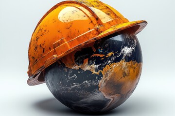 3D Globe Icon and helmet and  safety  items ,construction concept