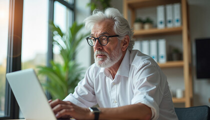 Fototapeta premium Senior man working on a laptop in a modern home office