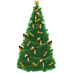 Árbol de navidad decorado con adornos, de caramelos o bombones de chocolate, bastones de caramelo y guirnalda. Ilustración de pino o abeto típico de fiestas navideñas. Dibujo aislado sin fondo. 