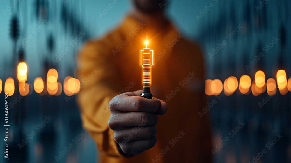 Poster person holds glowing light bulb in dark environment, symbolizing innovation and energy. warm light c
