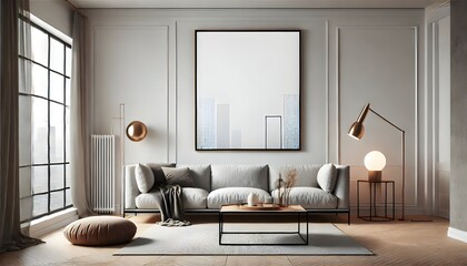 A bright, minimalist living room with a neutral couch, coffee table, and a tree by the window.
