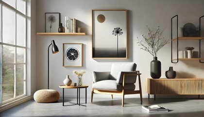 A bright, minimalist living room with a neutral couch, coffee table, and a tree by the window.