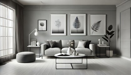 Obraz premium A contemporary living room is depicted in grayscale tones. Framed botanical prints hang above a neutral couch, with matching side tables and a round coffee table.