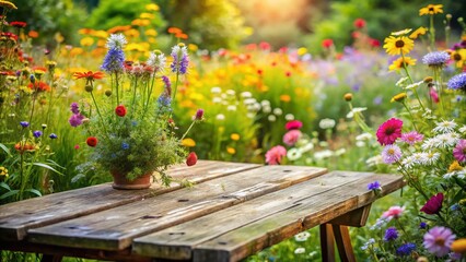 Naklejka premium Aerial View of an Old Table Surrounded by a Blurred Floral Background in a Wild Garden, Capturing the Beauty of Nature and Rustic Charm