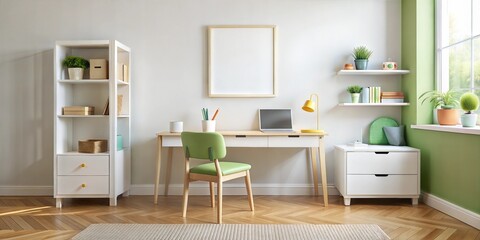 Modern workspace design with natural light and green accents featuring a stylish desk and organized shelves