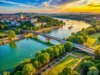 Fototapeta premium Aerial View of an Old Historic Bridge Over a Serene River in Belgrade Surrounded by Lush Greenery and Urban Landscape Capturing the Essence of Nature and Architecture
