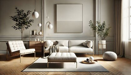 A staged living room with neutral colors. A chair, couch, ottoman, rug, and assorted decor are set in a room with natural light.