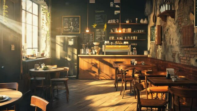 Vintage cafe with wooden chairs and tables, warm lighting, cozy and nostalgic, perfect spot for a quiet afternoon coffee or a friendly conversation, inviting.