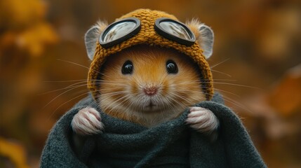 A cute hamster wearing a knitted hat and wrapped in a blanket, set against a warm backdrop.