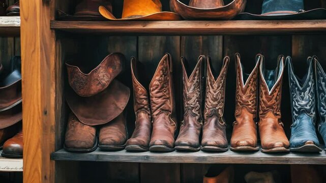 Vintage cowboy boots and hats arranged on rustic wooden shelves