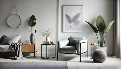 A beige-toned living room displays minimalist decor, featuring a soft, light-colored sofa and ottoman.