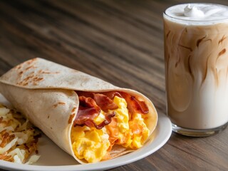 A delicious breakfast wrap with eggs and bacon, accompanied by iced coffee and hash browns.
