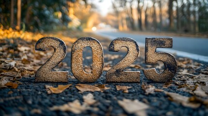 Gold glittering '2025' numbers on an autumn road lined with fallen leaves.