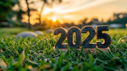 Sunset backdrop with 2025 numbers on a lush green field.