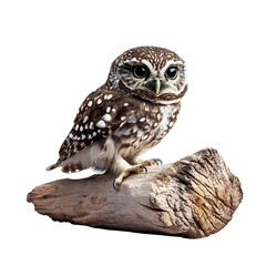 Naklejka premium Small Owl Perched On Driftwood Branch With Black Background