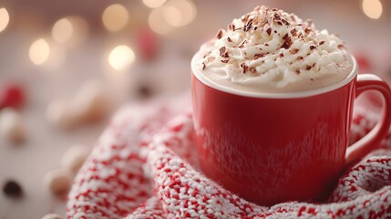 Warm red mug filled with creamy hot chocolate topped with whipped cream and chocolate shavings.