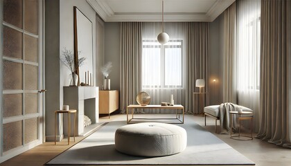 A bright, spacious room with elegant neutral decor. A large ottoman sits on a carpet in front of a modern fireplace and picture window.