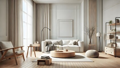 Beige interior design, featuring a sofa and armchair.
