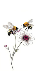 The elegant moment of flowers and bees shows the beauty of nature, doodle art, with white tones