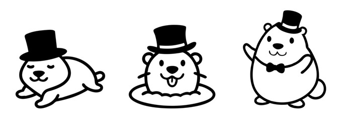 Obraz premium Set of cartoon groundhog icons wearing top hats. Festive mood and humor concept. Ideal for greeting cards, festive materials, and children's projects