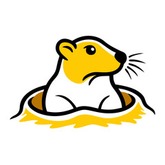Fototapeta premium Cartoon groundhog with yellow accents emerging from hole. symbolizing Groundhog Day. Seasonal traditions concept. Ideal for greeting cards, festive materials, and eco-awareness campaigns
