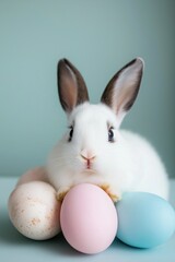 A white rabbit is laying on a table with three eggs, one of which is blue. The rabbit is curious about the eggs, and the scene has a playful and lighthearted mood