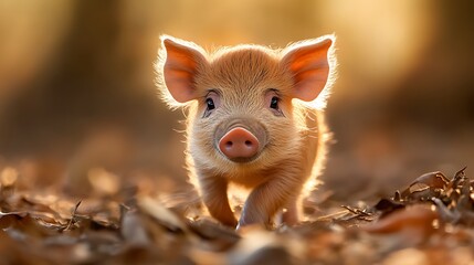 Cute Piglet Walking Through Soft Brown Leaves in Warm Sunlight, Capturing the Essence of Farm Life and Nature's Beauty, Ideal for Animal-Themed Projects