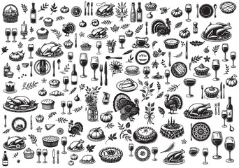 Hand drawn chalk food vector illustrations. Thanksgiving dinner table icons. Wine glass, turkey, pumpkin pie drawings for family