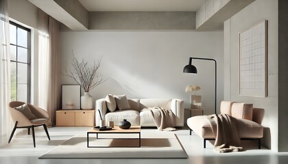 Interior of a modern, neutral living room with natural light, featuring a sofa, chair, coffee table, and artwork.