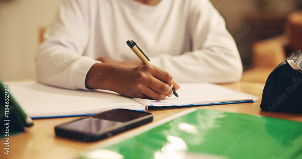 Poster hands, education and child with notebook, writing and preparing for exam, growth and development for
