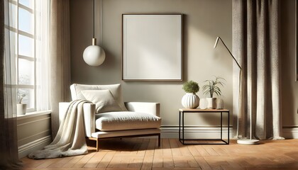 A cozy interior design mockup features a blank frame above a chair, side table, and a modern floor lamp.
