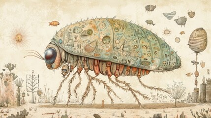 Giant insect walks surreal landscape; small creatures fly.