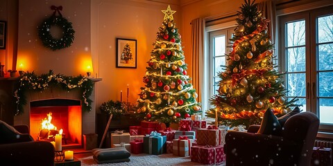 Fototapeta premium Cozy Christmas Evening by the Fireplace with Two Decorated Trees and Presents