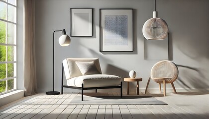 A living room with minimalist design, warm light from a large window illuminates the space. A chair, lamp, and artwork create a modern, inviting scene.