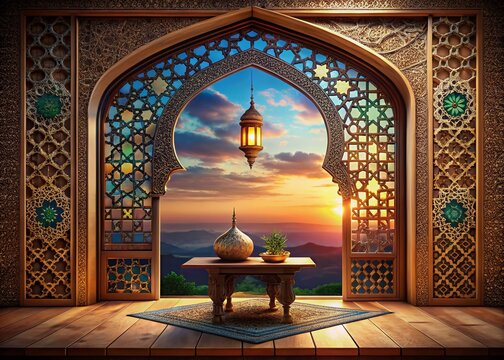 Aerial View of a Stunning Arabic Window Overlooking a Realistic Mushaf During Ramadan &ndash; A Scenic Blend of Culture and Spirituality in a Beautiful Atmosphere