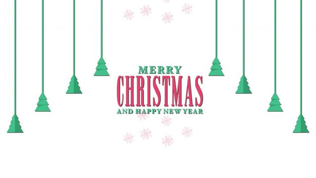 12.Merry Christmas and happy new year gift card vector animation with text, snow particle, and trees animated on white background. concept of Christmas, New Year, Celebration, holiday, greeting