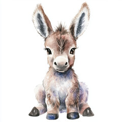 Cute baby donkey watercolor illustration with soft colors and charm