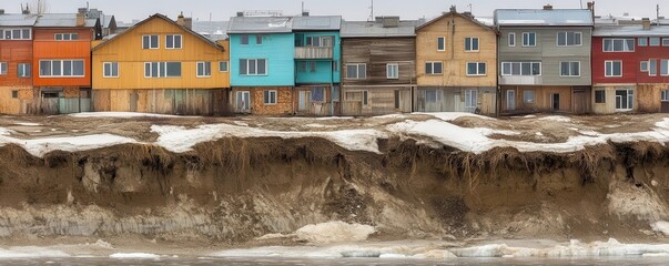 Fototapeta premium Vibrant Yet Vulnerable Colorful Homes Facing Threats from Melting Permafrost